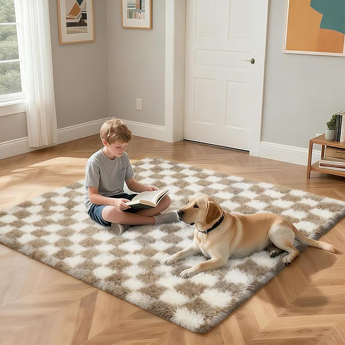 Checkered Rug for Bedroom, 2x4 Beige and White Area Rugs, Classic Checkered Carpets Shaggy Area Rug, Bedside Rugs for Living Room Bedroom Kids Room Home Decor