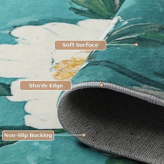 5x7 Floral Rugs, Modern Washable Flower Pattern Area Rug for Bedroom, Soft Large Non-Slip Door Mat Carpet for Living Room Office Dining Room - Teal Flower