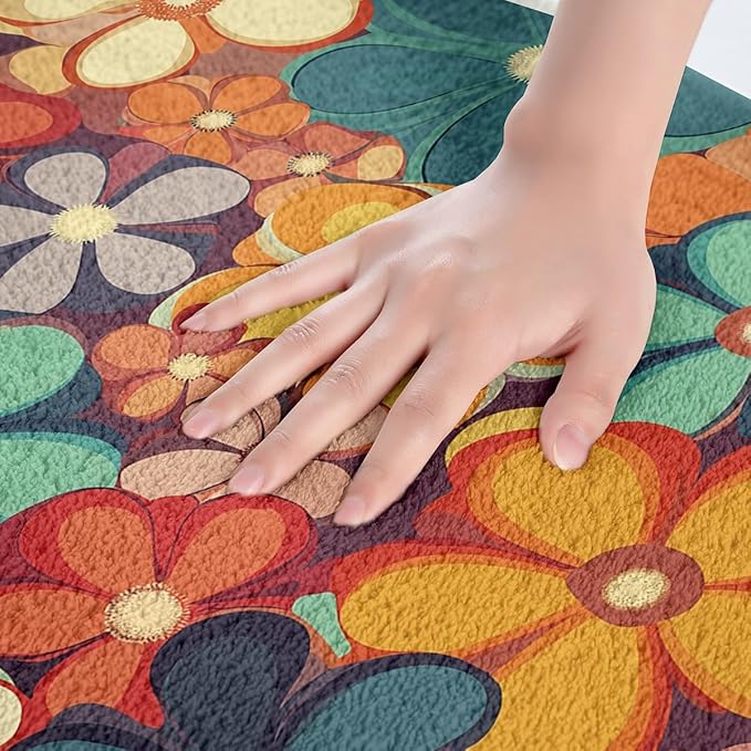 Erosebridal Groovy Flower Bathroom Mat 70s Party Microfiber Bath Rug Rainbow Floral 3D Entryway Door Mat 16x24 Boho Hippie Bath Mat Vintage Retro Party Bath Rugs for Girl Woman