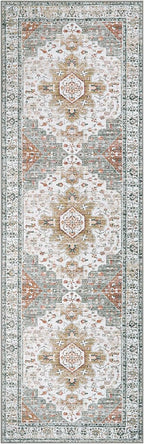 Moynesa Ultra-Thin Washable Runner - 2'6" x 8' Hallway Rug, Kitchen & Bathroom Carpet, Vintage Printed Low Pile Entryway Runner for Apartment, Camper, RV, Beige/Gold