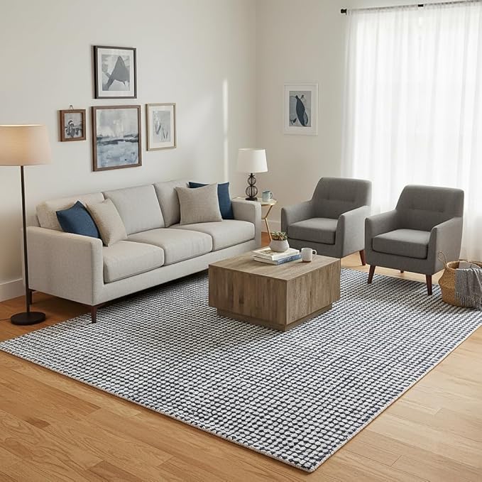 Hand-Tufted 100% Wool Pile Area Rug – Geometric Textured Grid Check Pattern – Thick and Durable Floor Carpet for Bedroom, Living Room, Kids Room, and Dining Area (Charcoal Gray, 9' x 13')
