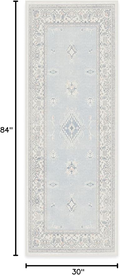 RUGGABLE Washable Vintage Runner Rug – Verena Soft Blue 2.5x7, Stain-Resistant, Non-Slip Hallway Runner – Machine Washable Rug for Hallway, Entryway, Living Room & Kitchen–with Standard Pad