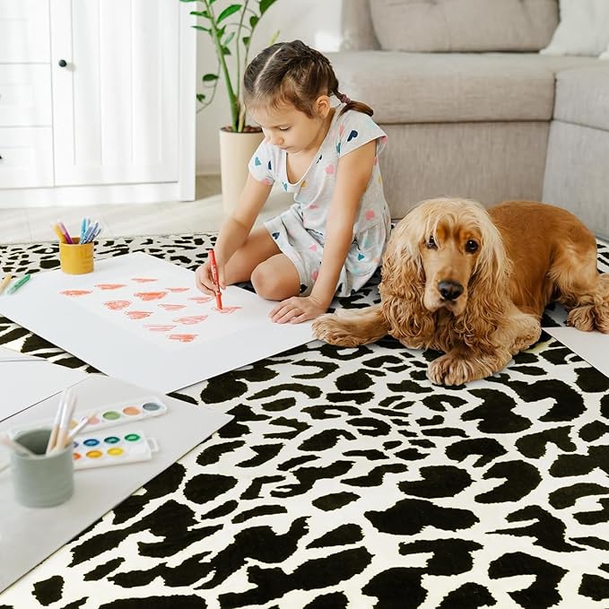YIHOUSE Leopard Rug for Living Room, 5x7 Black and White Cute Cheetah Print Rug Modern Washable Ultra-Thin Animal Printed Rugs for Bedroom, Girls Boys Dorm Room Nursery Room, Playroom