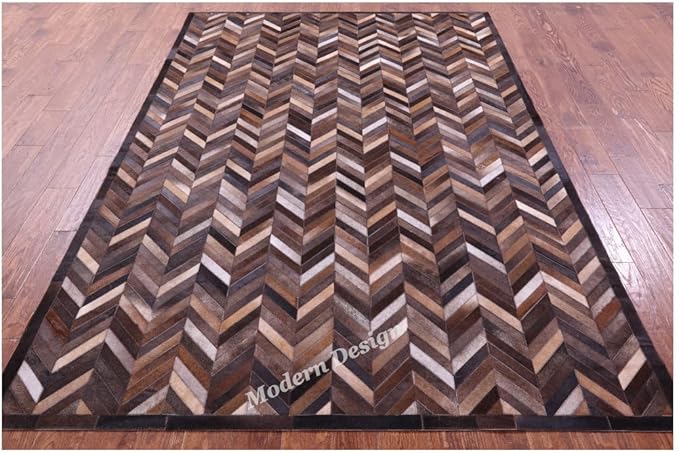 Modern Design Premium Cowhide Leather Carpet with Chevron Pattern, Area Rug (Natural Multi Brown, 3x14)