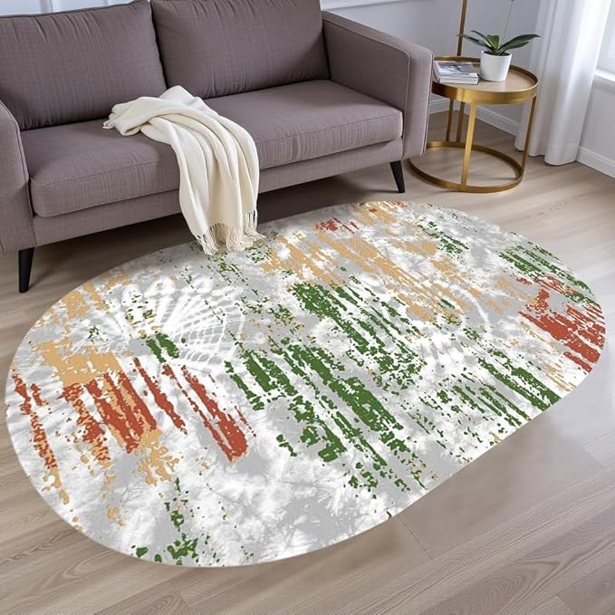 Distressed Abstract Art Aesthetic Deco Indoor Oval Rugs 4x6 for Living Room Bedroom Dining Room Soft Non Skid Easy Clean Big Carpet Nursery Dorm Farmhouse Rustic Grey Green Tie-Dye Texture Area Rug