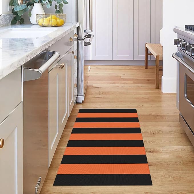 KOZYFLY Striped Rug 27.5x43 Inches Orange and Black Halloween Fall Front Door Rug Hand Woven Area Rugs Washable Outdoor Doormats Indoor Entrance Mat for Front Porch Kitchen Entryway Patio Holiday