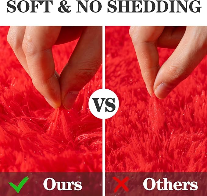 Soft Fluffy Area Rug for Bedroom, Red Fuzzy Shaggy Oval Throw Rugs for Bedside, Non-Slip Cozy Plush Shag Carpet for Kids Room Dorm Nursery Living Room, 2.6 x 5.3 Feet