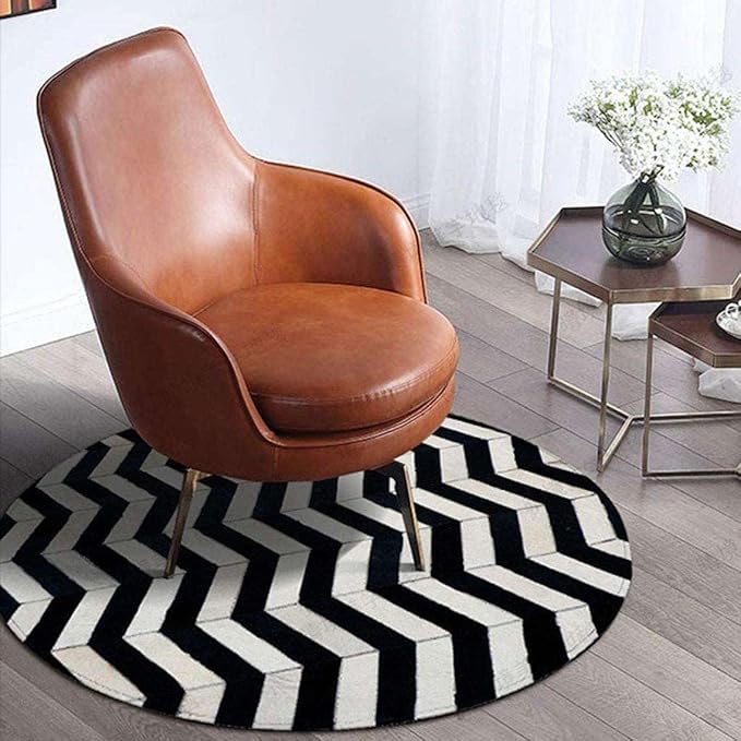 Round Cowhide Rug Black and White – Handmade Genuine Leather Chevron Patchwork Carpet – Modern Luxury Hide Area Rug for Living Room Bedroom Office Rustic Farmhouse Home Décor, (5×5ft)