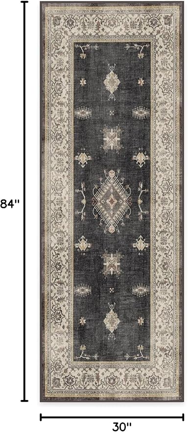 RUGGABLE Washable Vintage Runner Rug – Verena Dark Wood 2.5x7, Stain-Resistant, Non-Slip Hallway Runner – Machine Washable Rug for Hallway, Entryway, Living Room & Kitchen–with Cushioned Pad