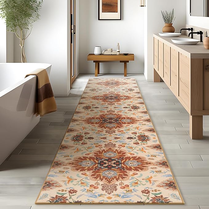 Phantoscope Washable Runner Rug 2'x10' Non-Slip, Vintage Boho Hallway Rugs for Entryway, Stair, Bedroom, Fall Orange Floral Medallion Pattern, Low-Pile Foldable Floor Carpet, Rust/Multi Floral