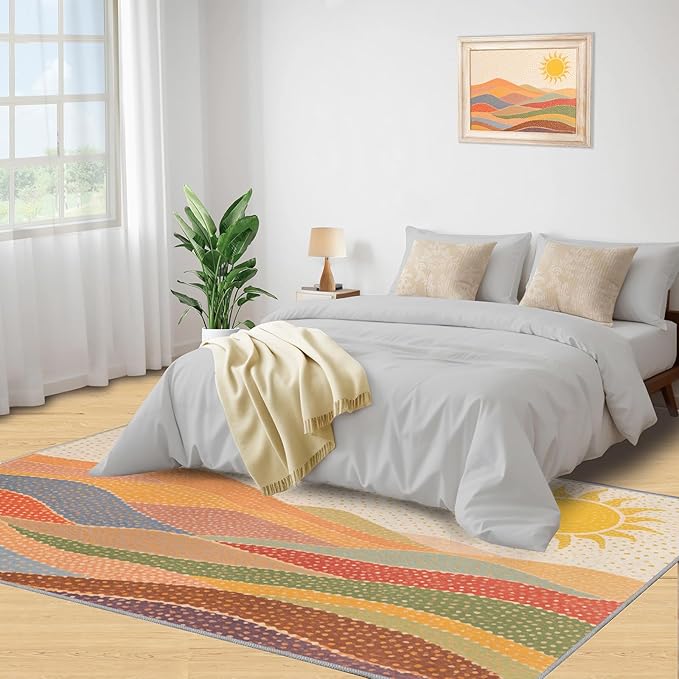 Boho Sun Runner Rugs 2x4ft, Mosaic Sunburst Small Entryway Mats, Dotted Gradient Hills Laundry Room Rug Non Slip Durable Throw Rugs for Front Door Bedroom Bedside