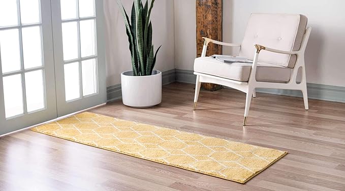 Unique Loom Trellis Frieze Collection Area Rug - Geometric (2' x 13' 1" Runner, Yellow/ Ivory)