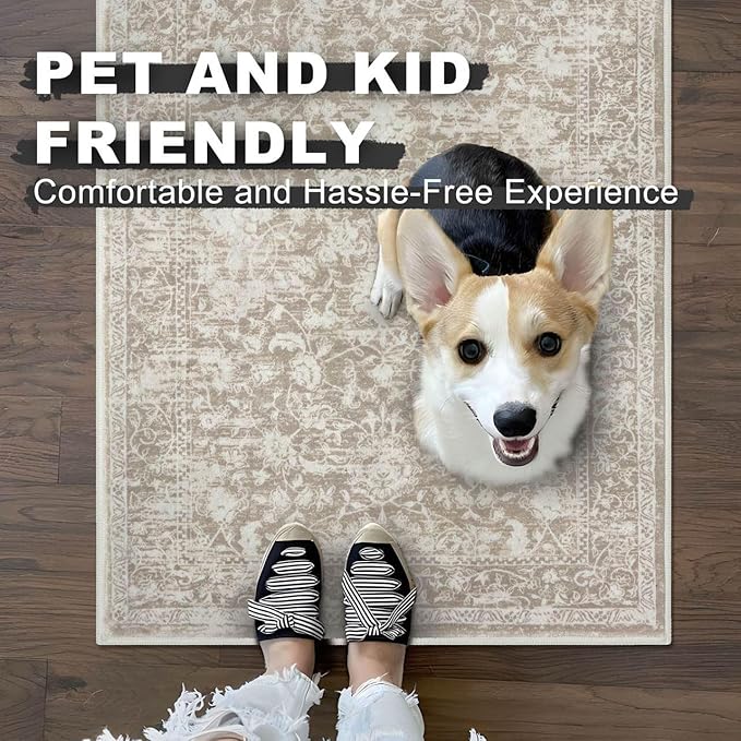 KILOCOCO Hallway Runner 2x6 Kitchen Runner Rug Printed Vintage Floral Washable Non-Slip Runners for Hallways Laundry Room Rugs Distressed Boho Rugs Runners for Bedroom, Beige