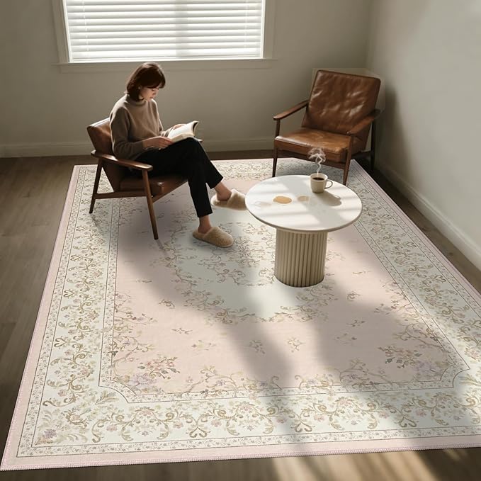 Nursery Rug for Baby Girl, Cute Pink 4x6 Area Rugs for Bedroom Non Slip, Floral Washable Soft Faux Wool Carpet for Living Room Dorm Kids Playroom Office Kids Playroom