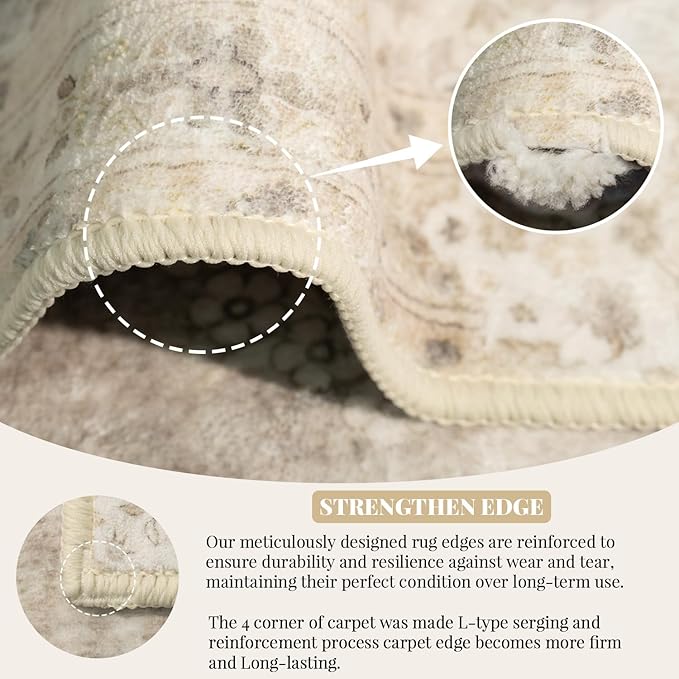 MUJOO Beige Rug 6'x9',Washable Area Rugs for Living Room Bedroom Dining Room, Large Boho Vintage Farmhouse Distressed Non Slip Carpet,Floral Flowers