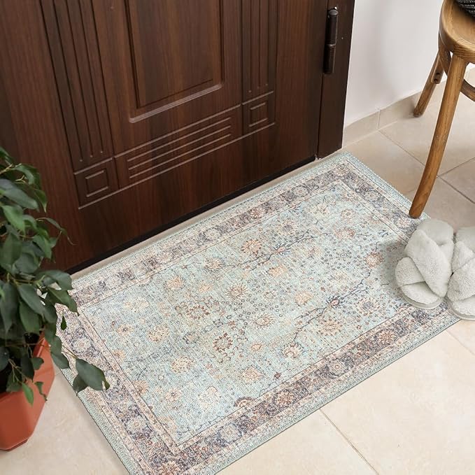 GLN Rugs Traditional Collection - Machine Washable Area Rug, Traditional Washable, Non Slip, Low Pile Chenille Rug, Living Room, Bedroom, Kitchen Rug (2' x 3' Light Blue)