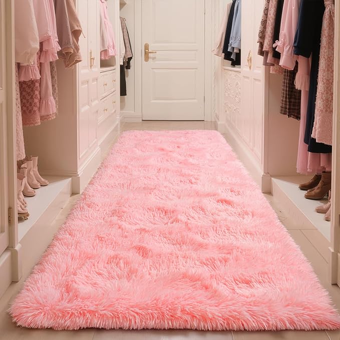 Zentavio Bedside Rugs for Girls Room 2x6 Runner Rugs for Hallway Bedroom Non Slip Fluffy Soft Shaggy Carpet for Kids Home Decor Aesthetic Dorm Nursery Pink