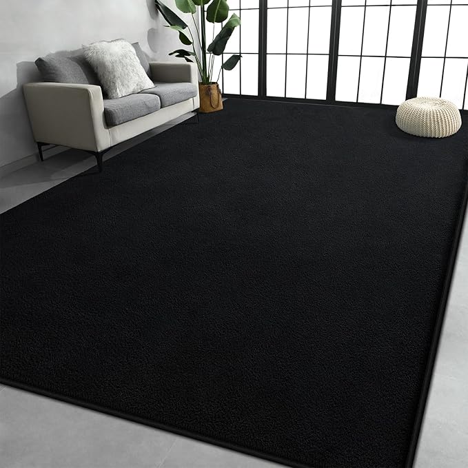 Large Area Rugs for Living Room Bedroom, 6x9 Feet Black Rug, Minimalist Modern Shag Rug, Soft Thick Comfy Memory Foam Indoor Carpet, Non-Slip Washable Rug for Boys Girls Dorm Nursery Room Home Decor
