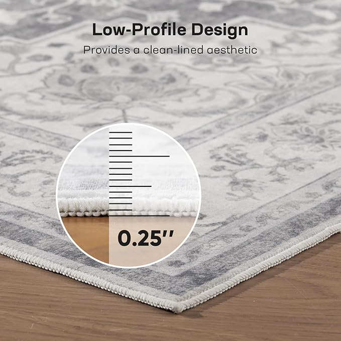 Marsail 8x10 Washable Area Rug, Soft & Slip-Resistant Large Area Rug with Reinforced Bound Edges, Vintage Short-Pile Washable Rug with Floral Pattern for Living Room, Dinning Room and Bedroom, Grey