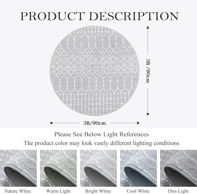Lahome Moroccan Round Washable Rug 3Ft Small Circle Soft Non-Slip Grey Bathroom Rug, Stain Resistant Low Pile Entryway, Modern Geometric Print Indoor for Kitchen Sofa Doorway