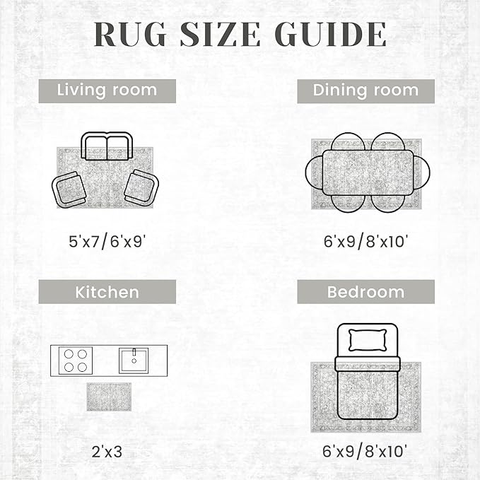 10x14 Area Rugs for Living Room: Washable Large Vintage Floral Rug Low Pile Non-Slip Boho Carpet for Bedroom Dining Home Office (Grey, 10'x14')