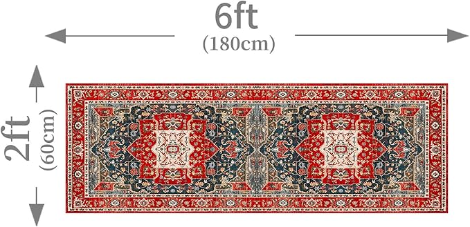 Enkor Runner Rugs for Hallway, 2x6 Washable Soft Boho Non Slip Floor Rugs for Kitchen, Modern Mat for Living Room Bedroom Entryway Red & Blue