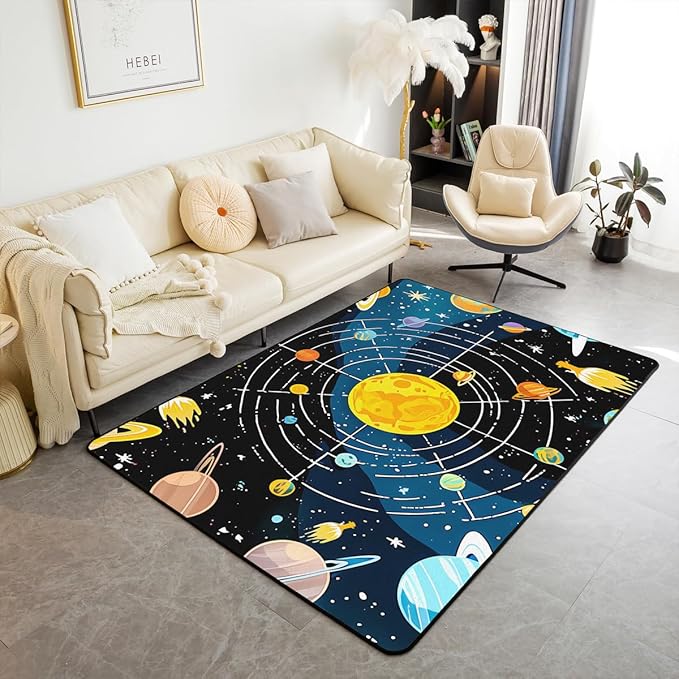 Outer Space 3 x 5 Area Rug Universe Solar System Rugs for Living Room | Cosmic Planet Washable Rug, Educational Learning Galaxy Carpet Indoor Floor Mat