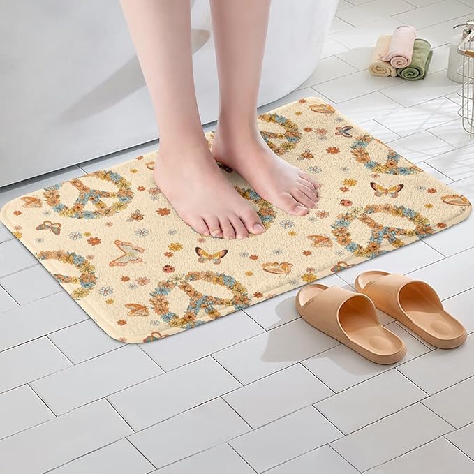 Erosebridal Groovy 70s Theme Bathroom Rugs Retro Peace Sign Mats Boho Butterfly Ultra Soft Bathtub Rugs 20x32 Hippie Honey Bee Room Decor Vintage Flower Floral Bath Mat for Kids