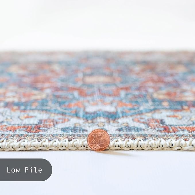 GLN Rugs Traditional Collection - Machine Washable Area Rug, Traditional Washable, Non Slip, Low Pile Chenille Rug, Living Room, Bedroom, Kitchen Rug (3' x 5' Cream/Terra)