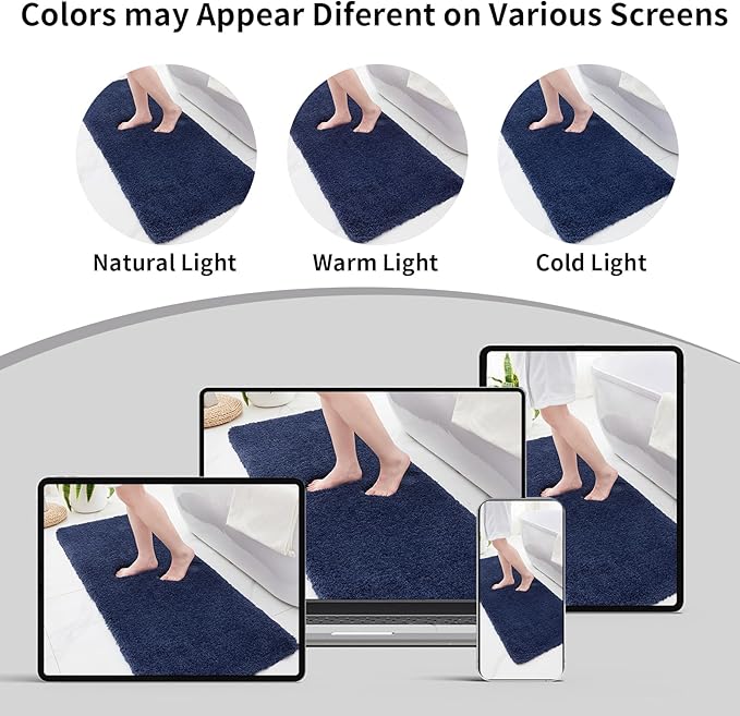 Small Bathroom Rugs 17x24 Non Slip Navy Fluffy Bath Mat for Bathroom Floor Machine Washable Plush Luxury Bath Rug for Tub Soft Shaggy Absorbent Shower Mat