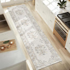 jinchan Hallway Runner Rug 2x10 Vintage Floral Distressed Design - Machine Washable Non-Slip Low-Pile Soft Thin Faux Wool Kitchen Carpet for Farmhouse Bedroom Laundry Room(2x10ft, Light Grey)