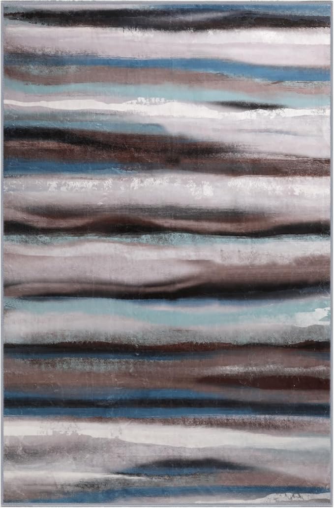 Abstract 5x7 Area Rug, Modern Stripe Pattern Teal Rugs for Living Room, Washable Soft Large Non-Slip Floor Carpet for Dining Room Office Bedroom - Blue/Brown/Multi