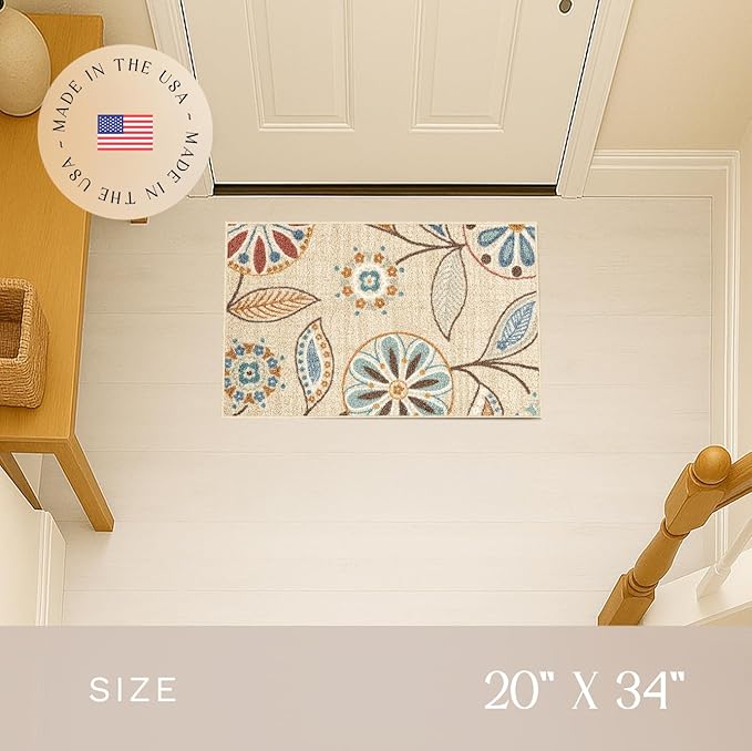 Maples Rugs Reggie Floral Kitchen Rug - Made in USA - Washable, Non Slip Indoor Carpet for Entryway, Foyer, Kitchen, and Bathroom, 1'8 x 2'10, Beige