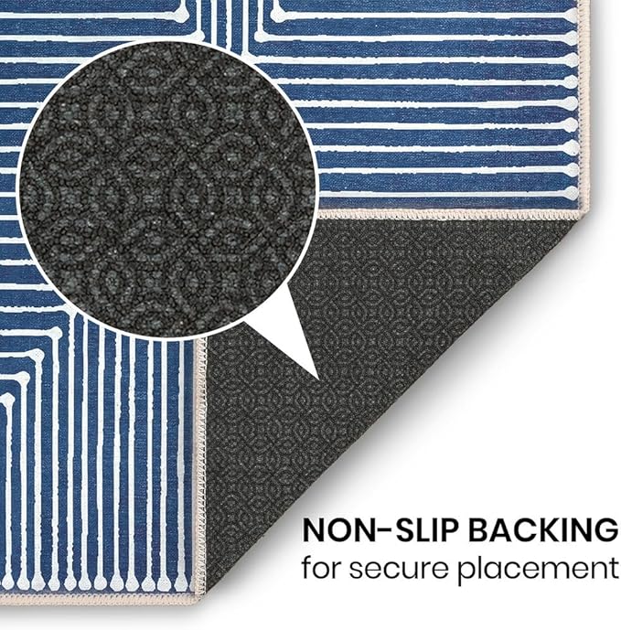 GLN Rugs Contemporary Collection - Machine Washable Area Rug, Contemporary Washable, Non Slip, Low Pile Chenille Rug, Living Room, Bedroom, Kitchen Rug (2' x 3' Lines Blue)