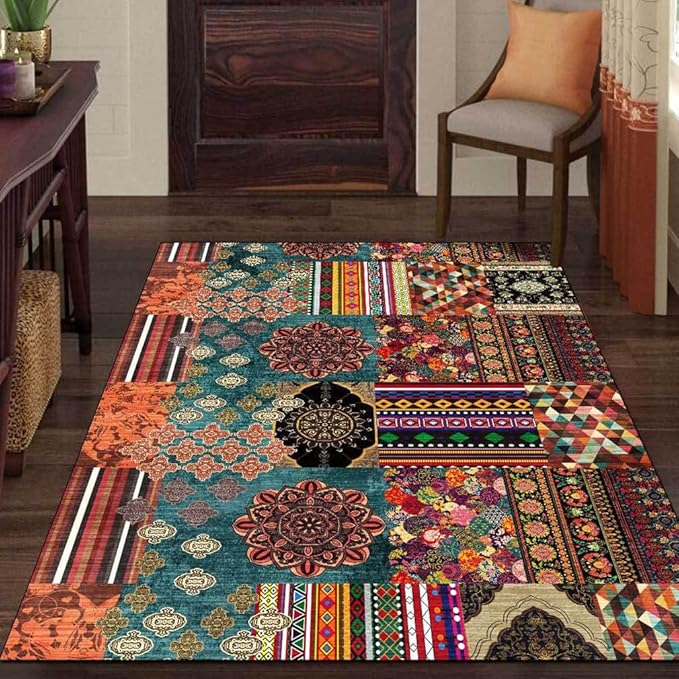 Vintage Boho Area Rugs Multicolor Ethnic Style Geometric Splicing Carpets Bedroom Living Room Kitchen Floor Mats Indoor Outdoor Non-Shedding Runner Rug Home Décor Carpet 5' X 5'