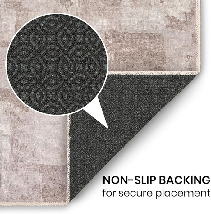 GLN Rugs Contemporary Collection - Machine Washable Area Rug, Contemporary Washable, Non Slip, Low Pile Chenille Rug, Living Room, Bedroom, Kitchen Rug (4' x 6' Abstract Tan)