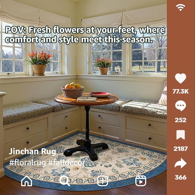 jinchan Elora Floral Corner Rug for Living Room Washable Bedroom Rug Vintage Romance Design Non Slip Quarter Circle Lightweight Low-Pile Throw Carpet for Reading Nook Playroom, 8ft Radius, Blue/Beige