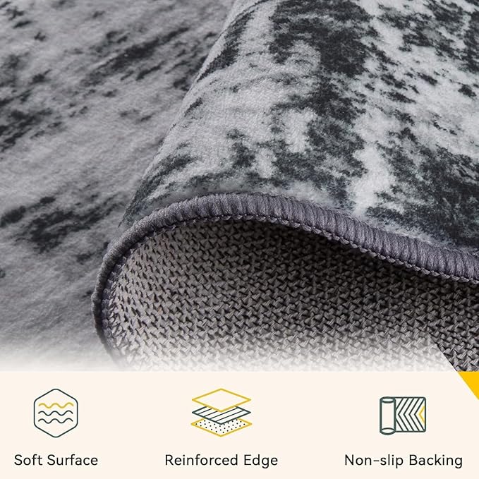 Washable Area Rugs 5'x8' Non-Slip Modern Abstract Soft for Living Room Entryway Bedroom Nursery, Print Pattern, Black Gray
