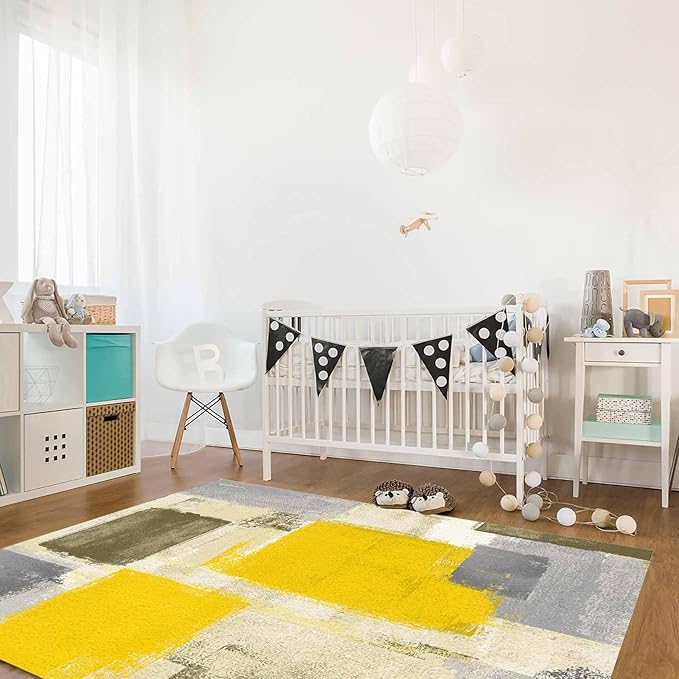 Yellow Rectangular Area Rugs for Living Room Bedroom 5 x 8 ft Abstract Paint Texture Modern Art Non-Shedding Soft Low Pile Rug Non Slip Washable Rug for Nursery Entryway Playroom