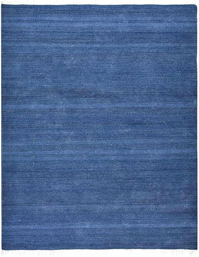 Rugsotic Carpets Hand Woven Flat Weave Kilim Wool ECO-Friendly Area Rugs - 9'x12', Rectangle Shape, Blue Color, Solid Plain Design, Low Pile Handmade Area Rugs for Living Room, Bed Room (D00111)