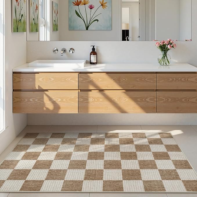LIVEBOX 3x5 Washable Area Rug Checkered, Non-Slip Small Entryway Rug Brown Farmhouse Neutral Classic Geometric Boys Rug for Bedroom Room Low-Pile Carpet for Indoor Kitchen Bathroom(Brown 3'x5')