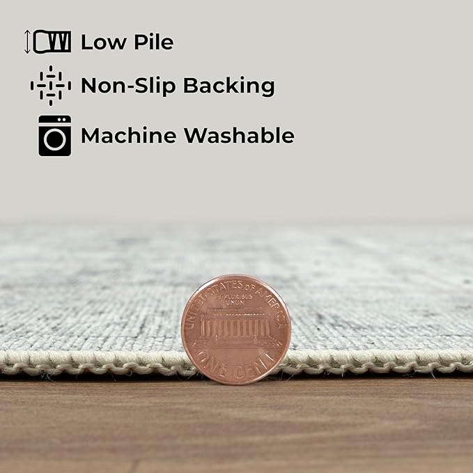 GLN Rugs Traditional Collection - Machine Washable Area Rug, Traditional Washable, Non Slip, Low Pile Chenille Rug, Living Room, Bedroom, Kitchen Rug (2' x 3' Cream/Gray/Sea Salt)