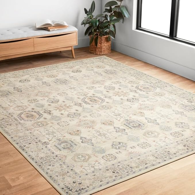 Loloi Hathaway Collection HTH-04 Beige/Multi 3'-6" x 5'-6", .25" Thick Accent Rug, Soft, Durable, Printed, Modern, Low Pile, Non-Shedding, Easy Clean, Living Room Rug