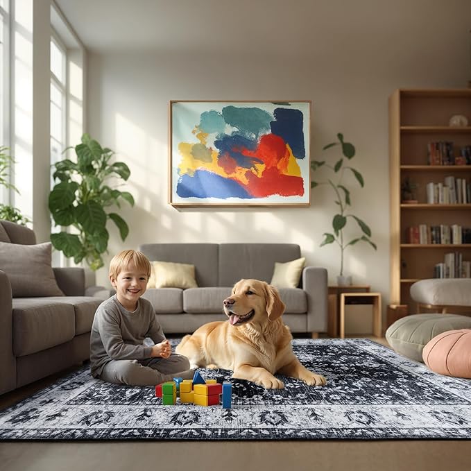 Area Rug for Living Room, 8x10 Machine Washable Non Slip Large Faux Wool Throw Rug, 0.3″ Low Pile & Non-Shedding Boho Large Carpet Rugs for for Dining Room, Bedroom, Office (Black White)