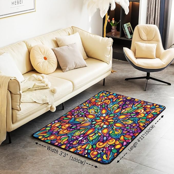 Vintage Mandala Area Rug 3x5 Bohemian Style Watercolor Flowers Rugs for Living Room | Boho Floral Washable Rug, Victorian Decor Antique Damask Carpet Indoor Floor Mat