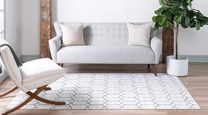 Rugs.com Lattice Trellis Collection Rug – 9' x 12' White Low-Pile Rug Perfect for Living Rooms, Large Dining Rooms, Open Floorplans
