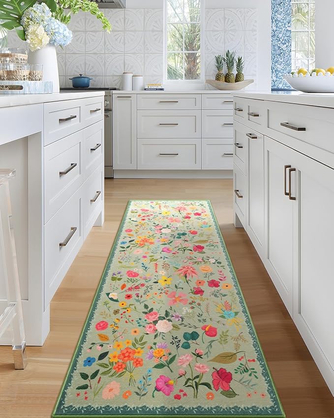 Boho Floral Runner Rug 2x6, Washable Non-Slip Kitchen Rug, Ultra Soft Vintage Carpet for Hallways, Kitchen, Bedroom, Bathroom (Green)