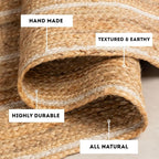 HOMEMONDE Natural Braided Jute Rug 3x5 ft - Hand Woven Off White Stripe Rustic Vintage Reversible Area Rugs for Bedroom, Kitchen, Living Room, Dining Room, Entryway and Doormat