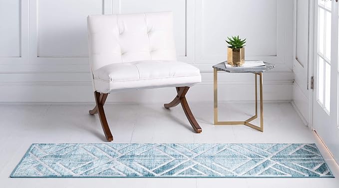 Rugs.com Lattice Trellis Collection Rug – 6 Ft Runner Blue Low-Pile Rug Perfect for Hallways, Entryways
