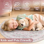Wonnitar Bow Print Washable 4ft Round Rug, Pink Circle Rug for Girl Nursery Decor, Non Slip Ultra-Thin Soft Boho Floral Small Cute Circular Carpet for Kids Bedroom Baby Room, Light Pink